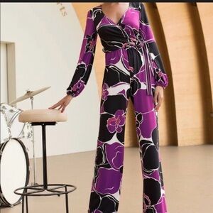 Floral Wrap Jumpsuit in Purple and Black Trina Turk M